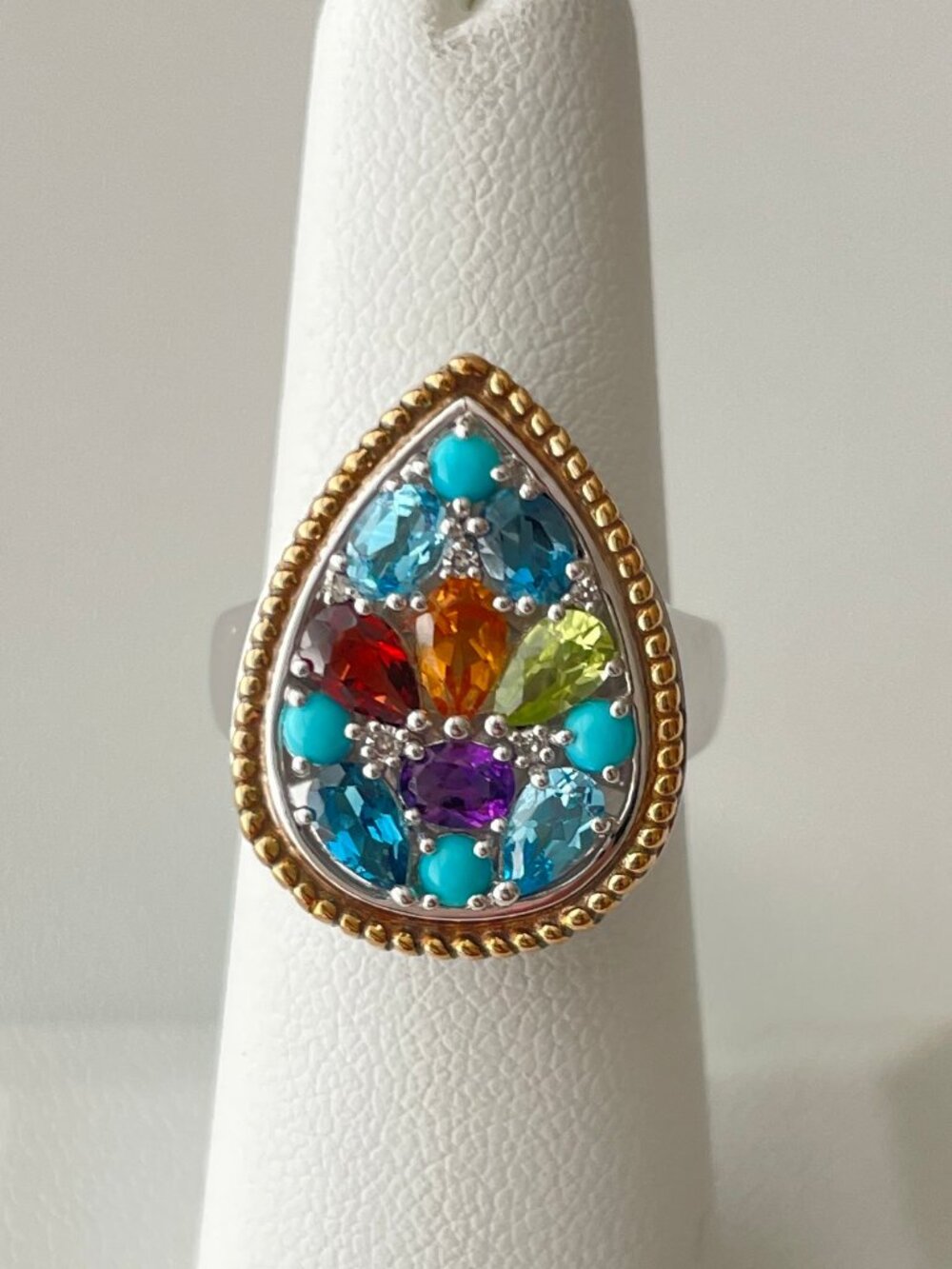 EFFY Multi Gemstone Diamond Pear Ring 925 Sterling Silver 14K Gold Sz 6 Box